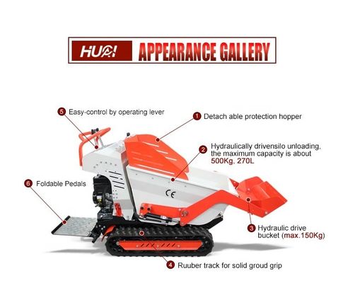 800 kg Capacidade de carga Mini Crawler Dumper com motor de 6,5 HP e fluxo hidráulico de 28,8 L
